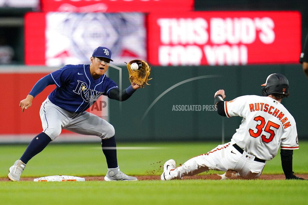Julio Cortez Tampa Bay Rays shortstop Yu Chang, left, makes a catch before tagging out Baltimore Orioles' Adley Rutschman (35) trying to move to second base on a pitch that bounced off Rays catcher Christian Bethancourt during the second inning of a baseball game, Tuesday, July 26, 2022, in Baltimore. (AP Photo/Julio Cortez)