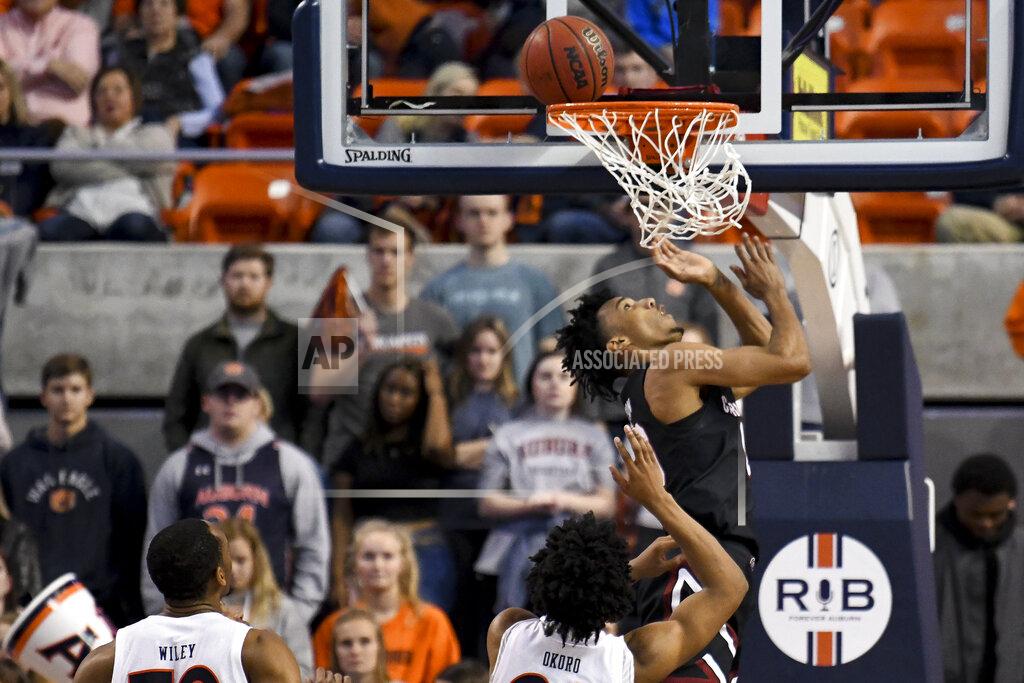 Julie Bennett South Carolina guard AJ Lawson (0) scores against Auburn during the second half of an NCAA college basketball game Wednesday, Jan. 22, 2020, in Auburn, Ala. (AP Photo/Julie Bennett)