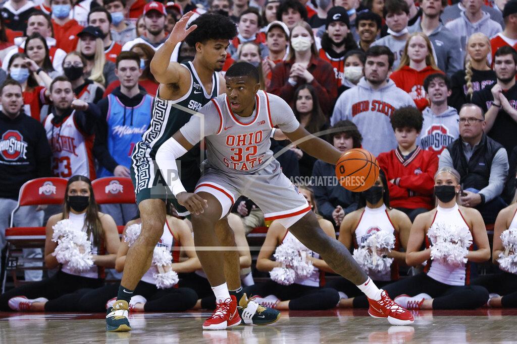 Jay Laprete Ohio State's E.J. Liddell, right, posts up against Michigan State's Malik Hall during the first half of an NCAA college basketball game Thursday, March 3, 2022, in Columbus, Ohio. (AP Photo/Jay LaPrete)