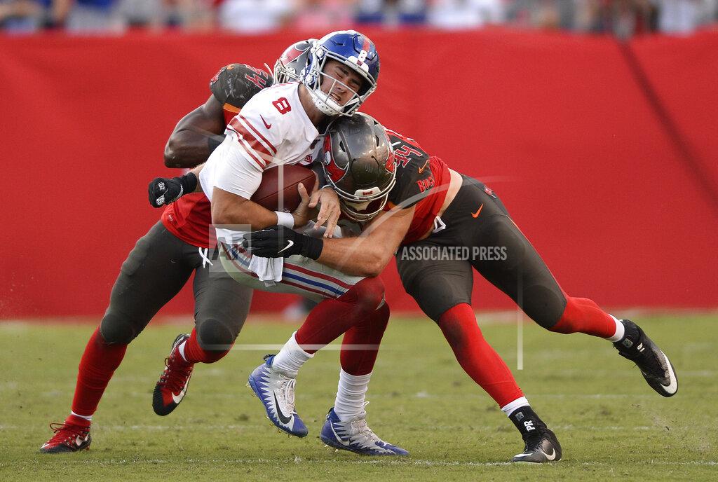 Jason Behnken New York Giants quarterback Daniel Jones (8) gets sacked by Tampa Bay Buccaneers linebacker Carl Nassib (94) during the second half of an NFL football game Sunday, Sept. 22, 2019, in Tampa, Fla. (AP Photo/Jason Behnken)
