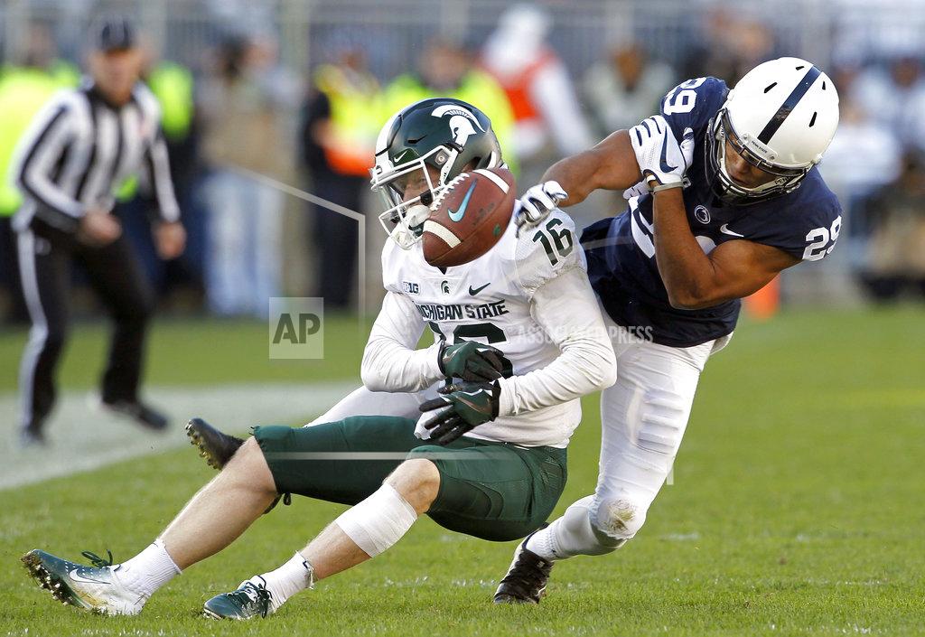 Chris Knight Penn State's John Reid (29) breaks up a pass intended for Michigan State's Brandon Sowards (16) during the first half of an NCAA college football game in State College, Pa., Saturday, Oct. 13, 2018. (AP Photo/Chris Knight)