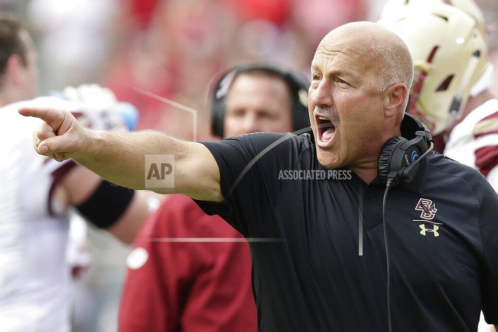 Gerry Broome FILE - In this Oct. 6, 2018, file photo, Boston College head coach Steve Addazio reacts during the second half an NCAA college football game against North Carolina State in Raleigh, N.C. Addazio has plenty of memories of facing Les Miles when he was at Florida and the latter was the head man at LSU. Their current programs will face off on Friday night in Chestnut Hill, when the Eagles take on rebuilding Kansas. (AP Photo/Gerry Broome, File)