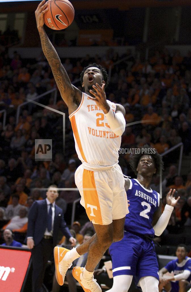 Tom Sherlin Tennessee's Jordan Bowden drives for a layup past UNC Asheville's LJ Thorpe during an NCAA college basketball game Tuesday, Nov. 5, 2019, in Knoxville, Tenn. (Tom Sherlin/The Daily Times via AP)