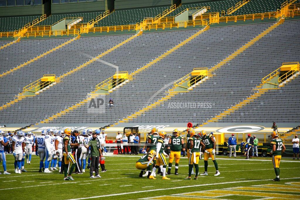 Matt Ludtke The stands at Lambeau Field are empty during the first half of an NFL football game between the Green Bay Packers and the Detroit Lions Sunday, Sept. 20, 2020, in Green Bay, Wis. (AP Photo/Matt Ludtke)