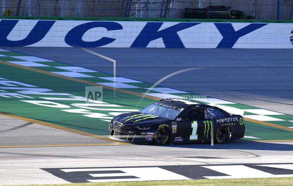 Timothy D. Easley Kurt Busch crosses the line during qualifying for a NASCAR Series auto race at Kentucky Speedway in Sparta, Ky., Friday, July 12, 2019. (AP Photo/Timothy D. Easley)