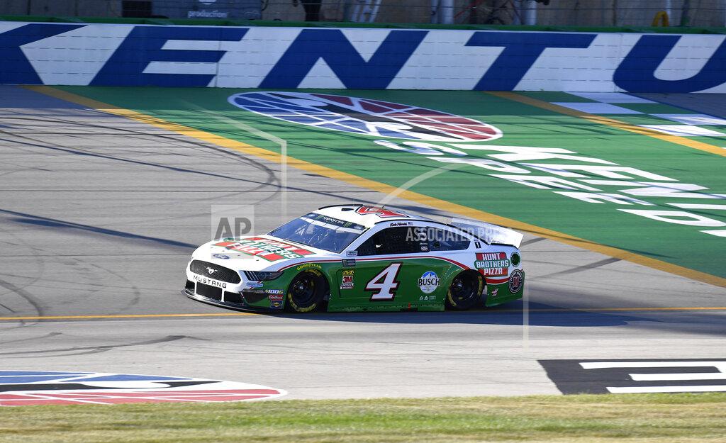 Timothy D. Easley Kevin Harvick crosses the line during qualifying for the NASCAR Cup Series auto race at Kentucky Speedway in Sparta, Ky., Friday, July 12, 2019. (AP Photo/Timothy D. Easley)