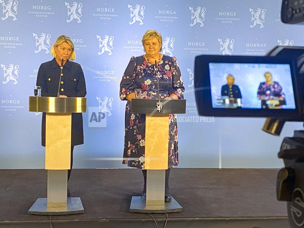 Ole Berg-Rusten Norway's Acting Prime Minister Erna Solberg, right, and Minister of Justice Monica Mæland, left, speak at a press conference after the police briefing on the attack in Kongsberg, Norway, Wednesday, Oct. 13, 2021. A man armed with a bow and arrows killed several people Wednesday near the Norwegian capital of Oslo before he was arrested, authorities said. (Ole Berg-Rusten/NTB via AP)