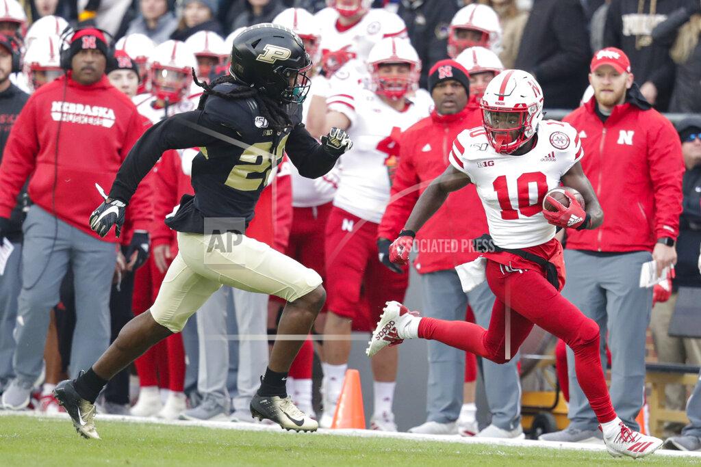 Michael Conroy Nebraska wide receiver JD Spielman (10) gets past Purdue safety Cory Trice (23) after a catch during the first half of an NCAA college football game in West Lafayette, Ind., Saturday, Nov. 2, 2019. (AP Photo/Michael Conroy)