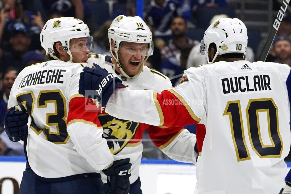 Chris O'MEara Florida Panthers center Aleksander Barkov (16) celebrates his goal against the Tampa Bay Lightning with left wing Carter Verhaeghe (23) and left wing Anthony Duclair (10) during the third period of an NHL hockey game Tuesday, Oct. 19, 2021, in Tampa, Fla. (AP Photo/Chris O'Meara)