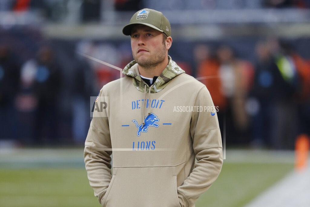 Charles Rex Arbogast Detroit Lions quarterback Matthew Stafford watches from the sidelines during warmups before an NFL football game against the Chicago Bears in Chicago, Sunday, Nov. 10, 2019. (AP Photo/Charles Rex Arbogast)