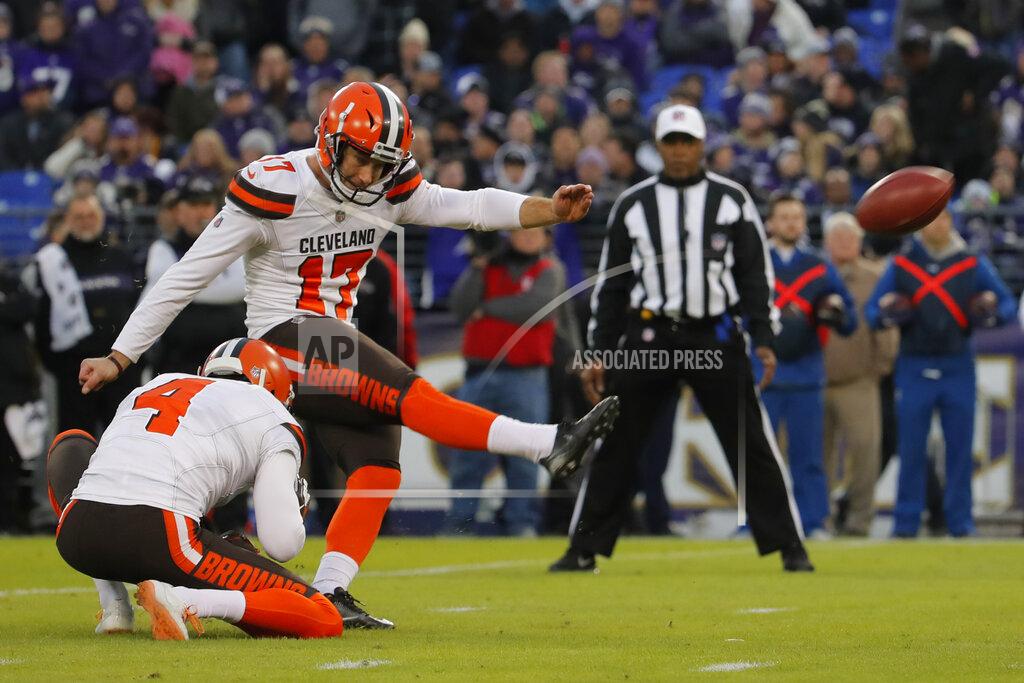 Carolyn Kaster FILE - In this Dec. 30, 2018, file photo, Cleveland Browns' Greg Joseph (17) kicks a field goal as Britton Colquitt (4) holds in the first half of an NFL football game against the Baltimore Ravens in Baltimore. Browns coach Freddie Kitchens says there are no immediate plans to sign another kicker despite erratic performances by incumbent Greg Joseph and rookie Austin Seibert during training camp and exhibitions. (AP Photo/Carolyn Kaster, File)