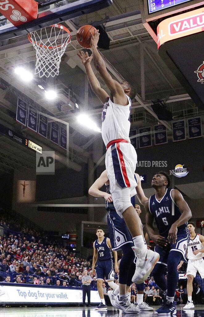Young Kwak Gonzaga guard Zach Norvell Jr. shoots in front of Loyola Marymount guard James Batemon (5) during the second half of an NCAA college basketball game in Spokane, Wash., Thursday, Jan. 17, 2019. Gonzaga won 73-55. (AP Photo/Young Kwak)