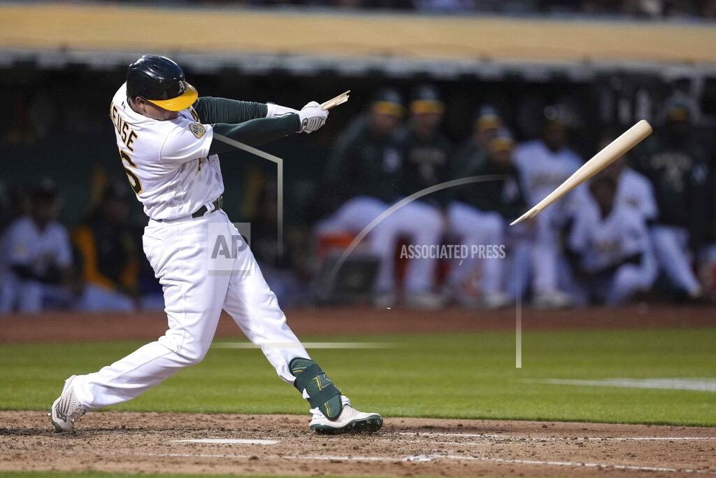 Darren Yamashita Oakland Athletics' Sheldon Neuse breaks his bat on a swing against the Texas Rangers during the sixth inning of a baseball game Thursday, May 26, 2022, in Oakland, Calif. (AP Photo/Darren Yamashita)