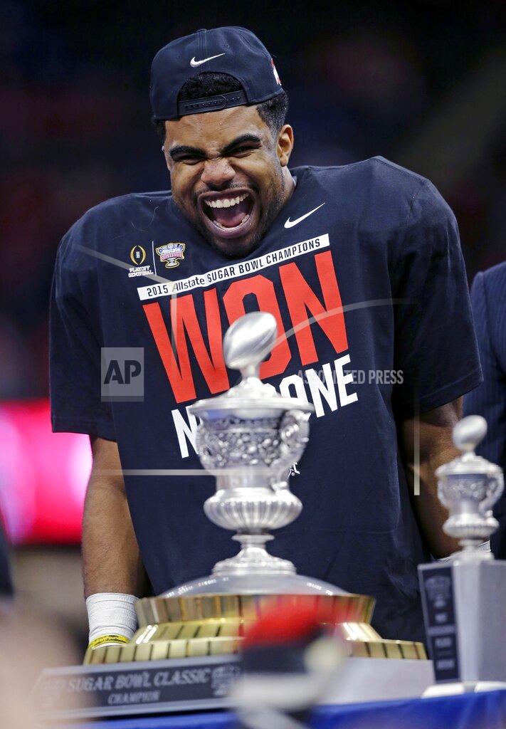 Bill Haber FILE - In this Jan. 1, 2015, file photo, Ohio State running back Ezekiel Elliott celebrates after the Sugar Bowl NCAA college football playoff semifinal game against Alabama, in New Orleans. Ohio State won 42-35. (AP Photo/Bill Haber, File)