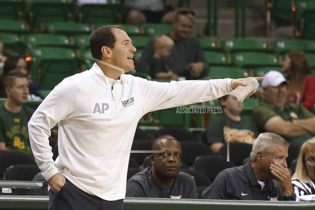 Rod Aydelotte Baylor head coach Scott Drew gestures during the second half of an NCAA college basketball game against Nicholls State on Monday, Nov. 15, 2021, in Waco, Texas. (AP Photo/Rod Aydelotte)