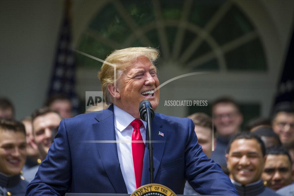Alex Brandon President Donald Trump speaks during the presentation of the Commander-in-Chief's Trophy to the U.S. Military Academy at West Point football team in the Rose Garden of the White House, Monday, May 6, 2019, in Washington. (AP Photo/Alex Brandon)