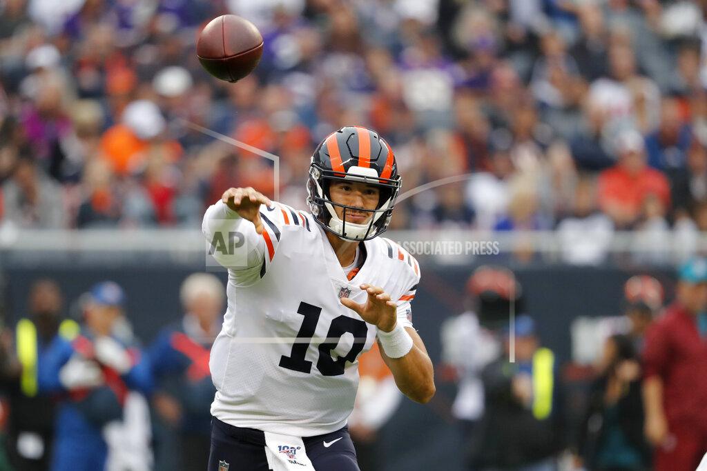 Jeff Roberson Chicago Bears quarterback Mitchell Trubisky throws during the half of an NFL football game against the Minnesota Vikings Sunday, Sept. 29, 2019, in Chicago. (AP Photo/Jeff Roberson)