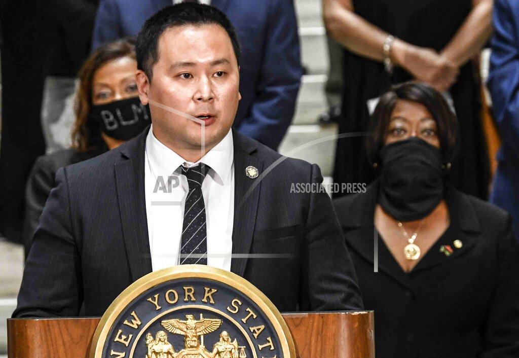 Hans Pennink FILE - In this June 8, 2020, file photo, Assemblyman Ron Kim, D-Queens, speaks during a press briefing at the state Capitol in Albany, N.Y. Kim, one of the loudest voices calling for Gov. Andrew Cuomo to be impeached as the governor faces scandals revolving around the classification of nursing home deaths and allegations of sexual harassment, tested positive for COVID-19. (AP Photo/Hans Pennink, File)