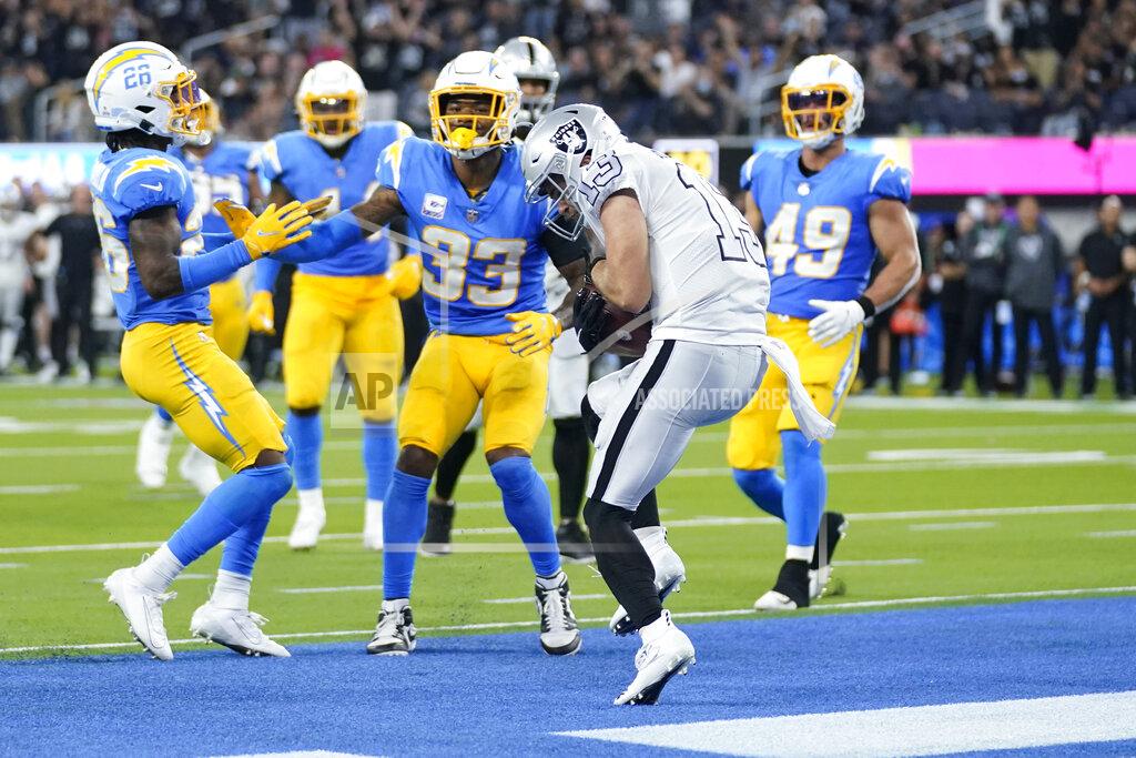 Marcio Jose Sanchez Las Vegas Raiders wide receiver Hunter Renfrow hauls in a pass in the end zone for a touchdown during the second half of an NFL football game against the Los Angeles Chargers, Monday, Oct. 4, 2021, in Inglewood, Calif. (AP Photo/Marcio Jose Sanchez)