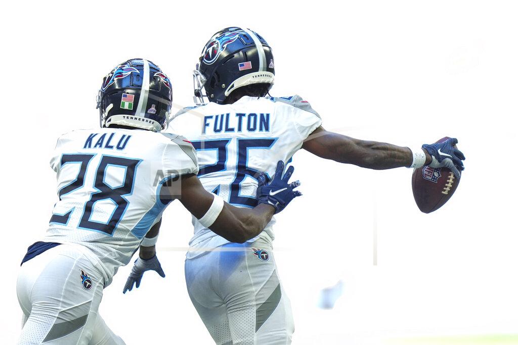 Aj Mast Tennessee Titans cornerback Kristian Fulton celebrates a recovered a fumble in front of teammate Joshua Kalu in the second half of an NFL football game against the Indianapolis Colts in Indianapolis, Fla., Sunday, Oct. 2, 2022. (AP Photo/AJ Mast)