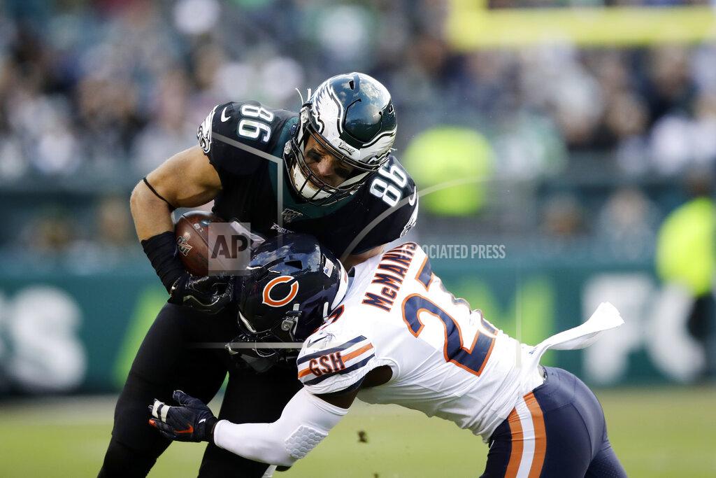 Matt Rourke Philadelphia Eagles' Zach Ertz, left, is tackled by Chicago Bears' Sherrick McManis during the second half of an NFL football game, Sunday, Nov. 3, 2019, in Philadelphia. (AP Photo/Matt Rourke)