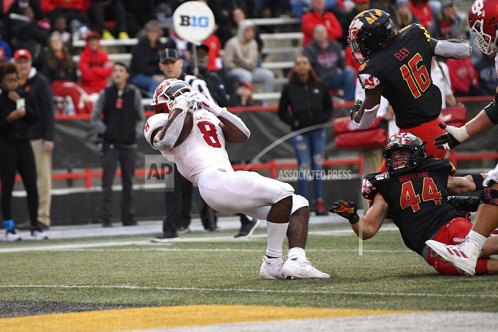 Nick Wass Indiana running back Stevie Scott III (8) carries the ball en route to scoring a touchdown past Maryland linebacker Chance Campbell (44) and linebacker Ayinde Eley (16) during the second half of an NCAA football game, Saturday, Oct. 19, 2019, in College Park, Md. (AP Photo/Nick Wass)