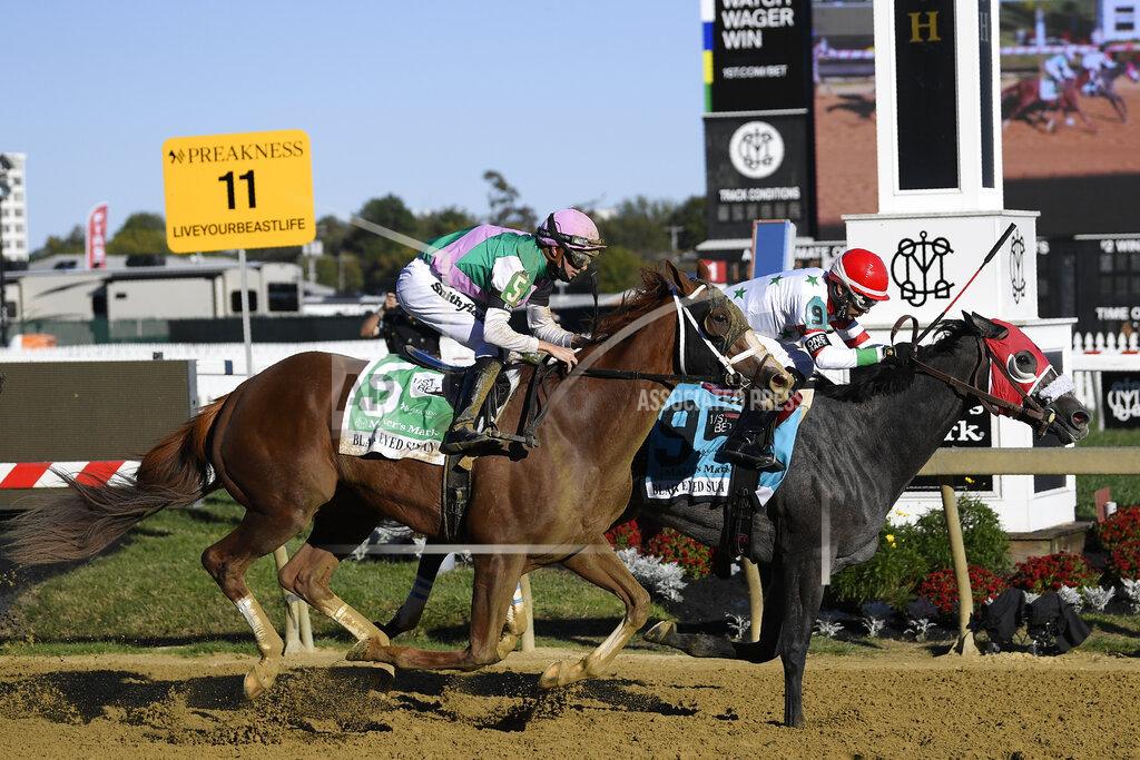 Nick Wass Miss Marissa, right, with Daniel Centeno aboard, wins the Black Eyed Susan horse race at Pimlico Race Course with Bonny South, with Florent Geroux aboard, taking second, Saturday, Oct. 3, 2020, in Baltimore. (AP Photo/Nick Wass)