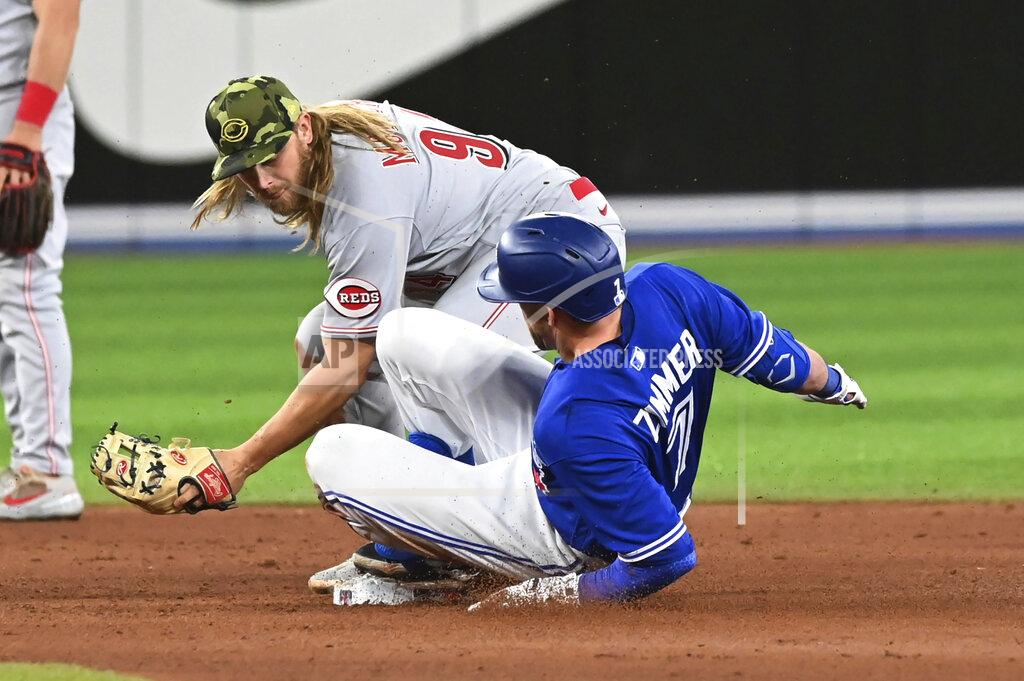 Jon Blacker Toronto Blue Jays' Bradley Zimmer, right, slides into second base on a double ahead of the tag by Cincinnati Reds' Taylor Motter during the seventh inning of a baseball game Friday, May 20, 2022, in Toronto. (Jon Blacker/The Canadian Press via AP)