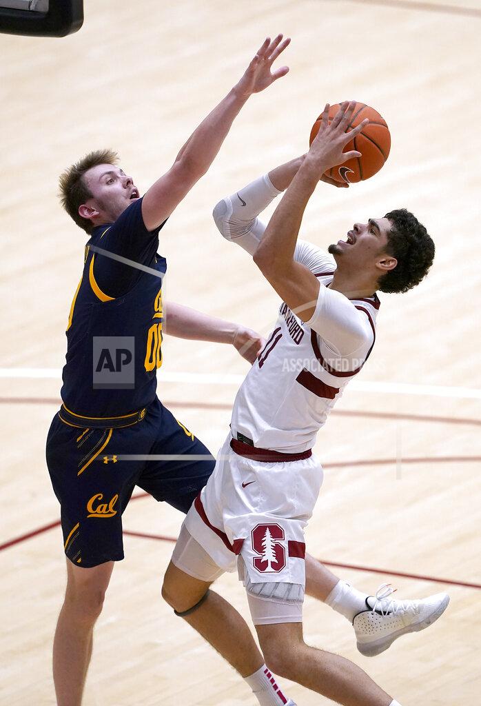 Tony Avelar Stanford forward Jaiden Delaire (11) shoots over California guard Ryan Betley (00) during the second half of an NCAA college basketball game in Stanford, Calif., Sunday, Feb. 7, 2021. (AP Photo/Tony Avelar)