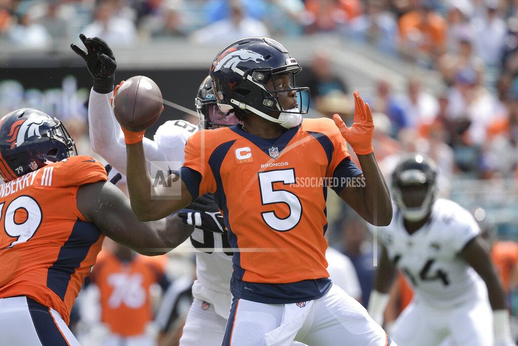Phelan M. Ebenhack Denver Broncos quarterback Teddy Bridgewater (5) throws a pass against the Jacksonville Jaguars during the first half of an NFL football game, Sunday, Sept. 19, 2021, in Jacksonville, Fla. (AP Photo/Phelan M. Ebenhack)