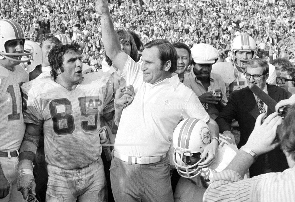 Anonymous FILE - In this Jan. 13, 1973, file photo, Miami Dolphins coach Don Shula lets out with a roar as the gun sounds to give his Dolphins a 14-7 Super Bowl victory over the Washington Redskins in Los Angeles. Shula coached the 1972 Dolphins to a 17-0 record. (AP Photo/File)