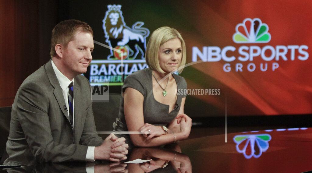 Bebeto Matthews FILE - In this April 16, 2013, file photo, Arlo White, left, and Rebecca Lowe listen during a joint NBC and English Premier League (EPL) press conference in New York. Arlo White is used to the ebbs and flows of a Premier League season, but the past couple weeks have been a rollercoaster. White will call Saturday's, May 8, 2021, Manchester City-Chelsea match on NBC as City looks to clinch its third league title in four seasons. This comes less than a week after White was across town at Old Trafford and had to describe fans storming the field, which led to the cancellation of Manchester United's match against Liverpool. (AP Photo/Bebeto Matthews, File)
