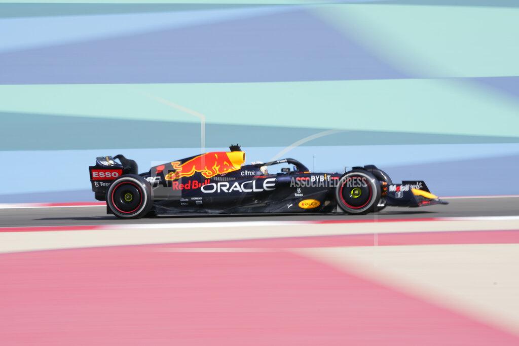 Hassan Ammar Red Bull driver Max Verstappen of the Netherlands steers his car during a practice for theFormula One Bahrain Grand Prix it in Sakhir, Bahrain, Friday, March 18, 2022. (AP Photo/Hassan Ammar)