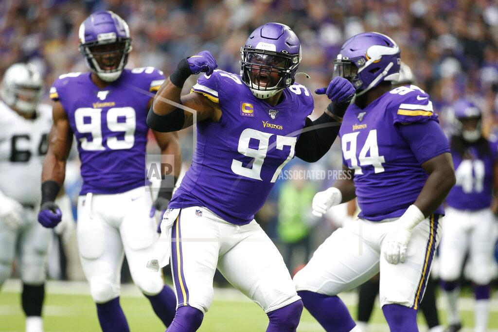 Bruce Kluckhohn Minnesota Vikings defensive end Everson Griffen (97) celebrates after a sack during the first half of an NFL football game against the Oakland Raiders, Sunday, Sept. 22, 2019, in Minneapolis. (AP Photo/Bruce Kluckhohn)