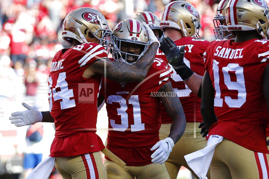 Josie Lepe San Francisco 49ers running back Raheem Mostert (31) is congratulated by wide receiver Kendrick Bourne (84) after scoring against the Atlanta Falcons during the first half of an NFL football game in Santa Clara, Calif., Sunday, Dec. 15, 2019. (AP Photo/Josie Lepe)