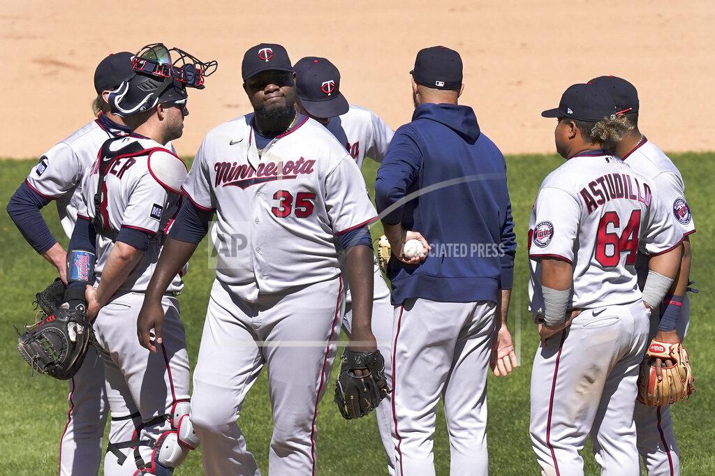 Charles Rex Arbogast Minnesota Twins starting pitcher Michael Pineda (35) reacts after manager Rocco Baldelli relieved Pineda the sixth inning of a baseball game against the Chicago White Sox Thursday, May 13, 2021, in Chicago. (AP Photo/Charles Rex Arbogast)