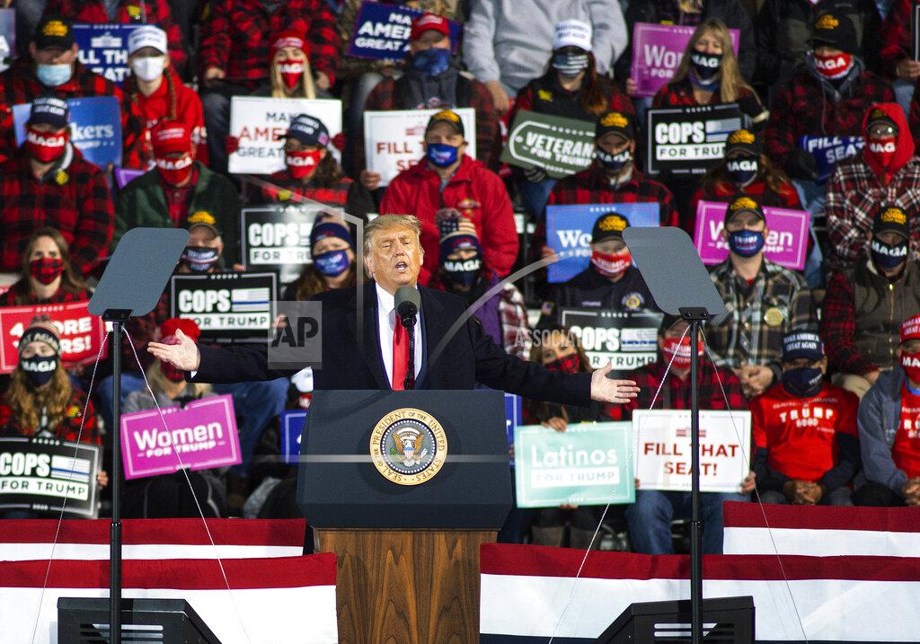 Jack Rendulich President Donald Trump speaks at Duluth International Airport on Wednesday, Sept. 30, 2020, during a campaign stop in Duluth, Minn. (AP Photo/Jack Rendulich)