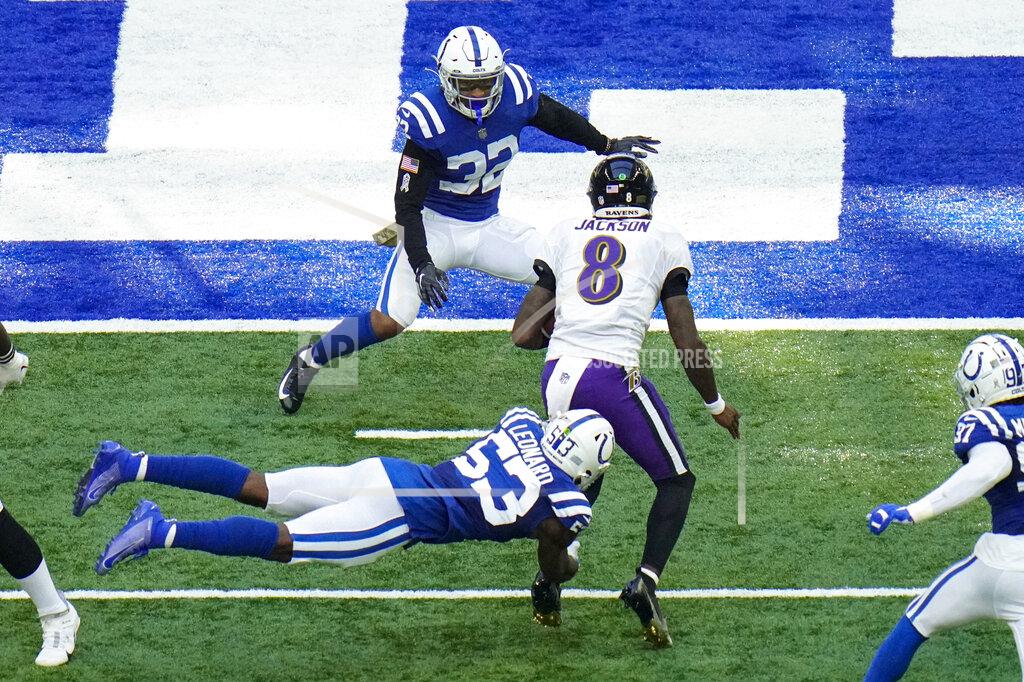 Aj Mast Indianapolis Colts outside linebacker Darius Leonard (53) tackles Baltimore Ravens quarterback Lamar Jackson (8) in the second half of an NFL football game in Indianapolis, Sunday, Nov. 8, 2020. (AP Photo/AJ Mast)