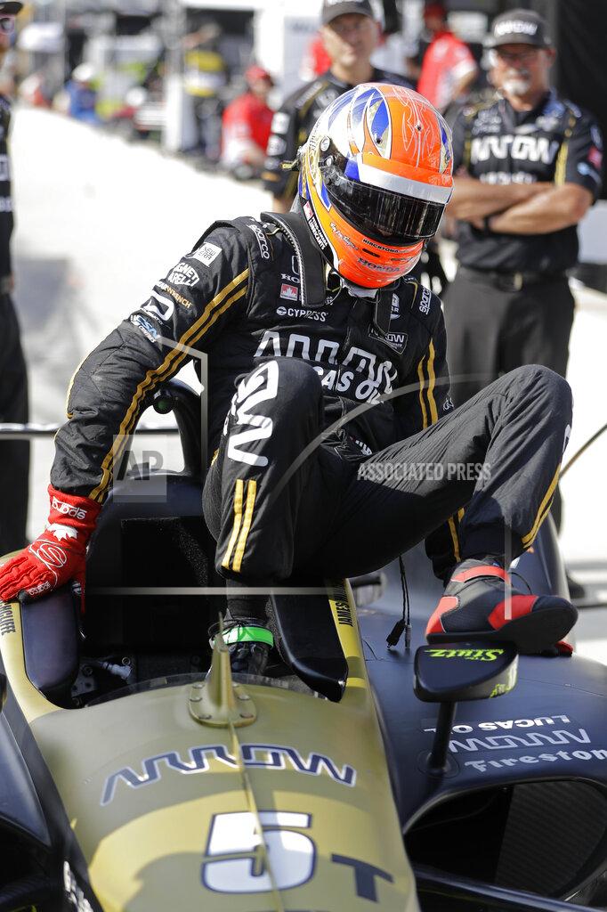 Darron Cummings James Hinchcliffe, of Canada, climbs out of his car during qualifications for the Indianapolis 500 IndyCar auto race at Indianapolis Motor Speedway, Saturday, May 18, 2019, in Indianapolis. (AP Photo/Darron Cummings)