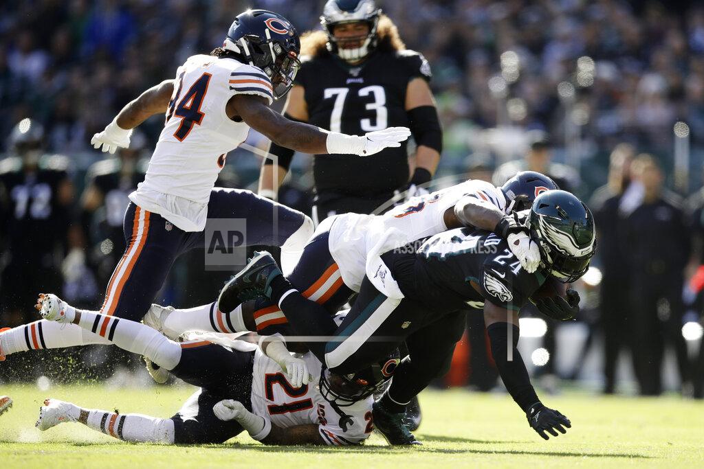 Matt Rourke Philadelphia Eagles' Jordan Howard (24) is tackled by Chicago Bears' Roquan Smith (58) during the first half of an NFL football game, Sunday, Nov. 3, 2019, in Philadelphia. (AP Photo/Matt Rourke)