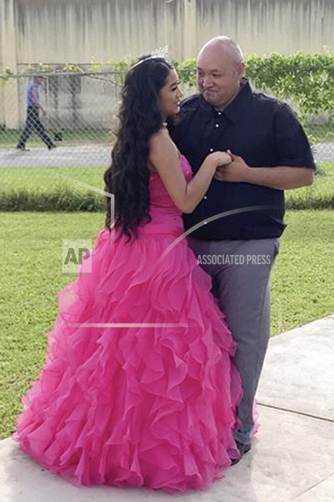 Uncredited In this February 2021 photo provided by Caring Place@ Miami Rescue Mission, Adriana Palma wears a tiara and ballgown as she dances with her father, Noe Ramirez Huerta, on her quinceanera, her 15th birthday celebration. Quinceaneras are revered in Hispanic culture and celebrated with all the gusto of a wedding. But after her father lost his job, Adriana said, “I lost all hope of having one.” (Caring Place@ Miami Rescue Mission via AP)