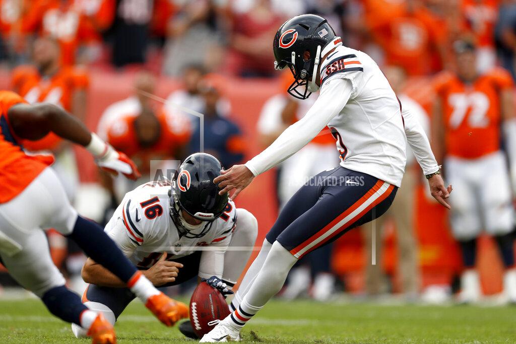 David Zalubowski Chicago Bears kicker Eddy Pineiro (15) kicks the game-winning field goal as punter Pat O'Donnell (16) holds during the second half of an NFL football game against the Denver Broncos, Sunday, Sept. 15, 2019, in Denver. The Bears won 16-14. (AP Photo/David Zalubowski)