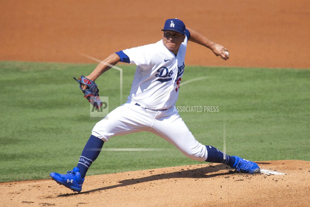Kyusung Gong Los Angeles Dodgers starting pitcher Victor Gonzalez delivers during the first inning of a baseball game against the Los Angeles Angels in Los Angeles, Sunday, Sept. 27, 2020. (AP Photo/Kyusung Gong)