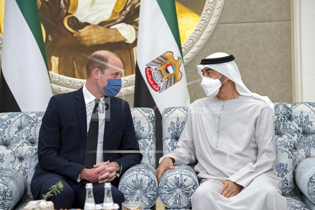 Hamad Al Kaabi This photo made available by the Ministry of Presidential Affairs, shows Prince William, The Duke of Cambridge, left, offering condolences to Sheikh Mohamed bin Zayed Al Nahyan, President of the UAE and Ruler of Abu Dhabi, on the passing of Sheikh Khalifa bin Zayed Al Nahyan, the late President of the UAE, at the Presidential Airport in Abu Dhabi, UAE, Monday, May 16, 2022. (Hamad Al Kaabi/ Ministry of Presidential Affairs via AP)