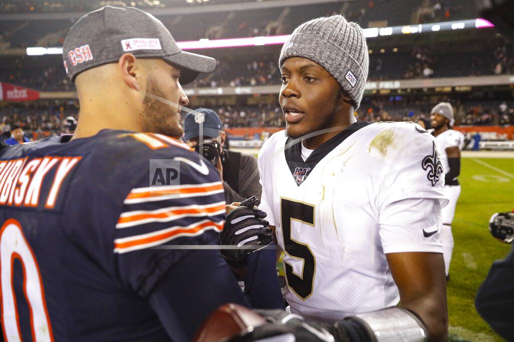 Charles Rex Arbogast Chicago Bears quarterback Mitchell Trubisky (10) meets with New Orleans Saints quarterback Teddy Bridgewater (5) following an NFL football game in Chicago, Sunday, Oct. 20, 2019. The Saints defeated the Bears 36-25. (AP Photo/Charles Rex Arbogast)