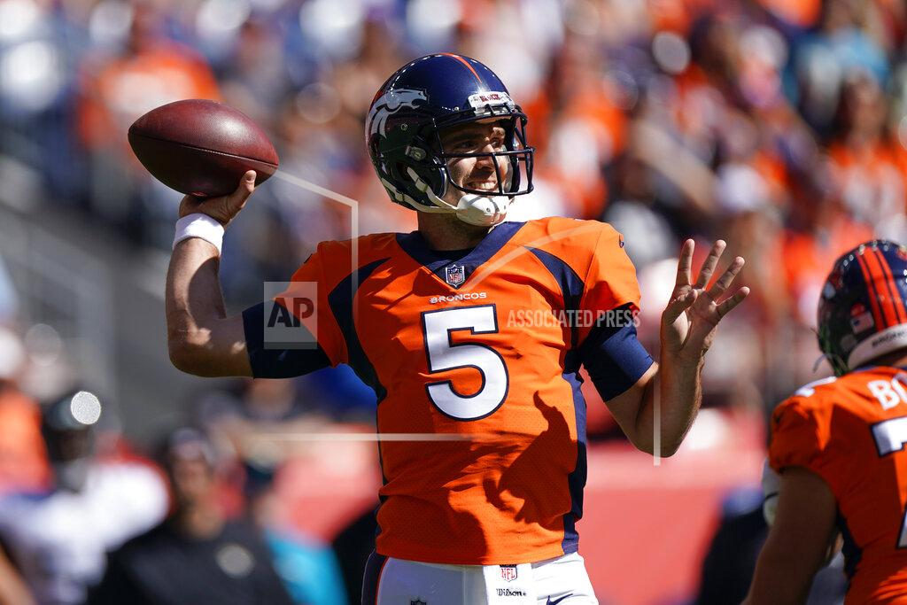 Jack Dempsey Denver Broncos quarterback Joe Flacco throws a pass during the first half of an NFL football game against the Jacksonville Jaguars, Sunday, Sept. 29, 2019, in Denver. (AP Photo/Jack Dempsey)
