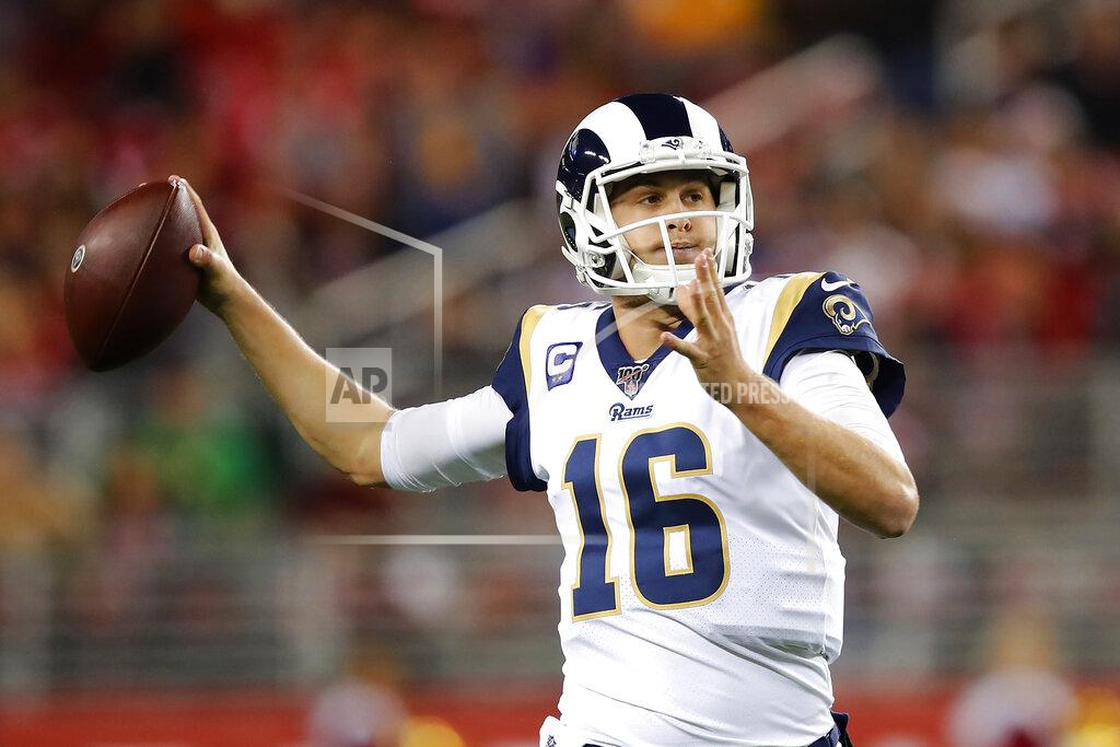 Los Angeles Rams quarterback Jared Goff throws a pass against the San Francisco 49ers during the first half of an NFL football game in Santa Clara, Calif., Saturday, Dec. 21, 2019. (AP Photo/John Hefti)