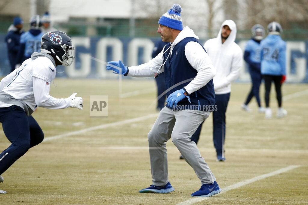 Mark Humphrey Tennessee Titans head coach Mike Vrabel takes the role of a defender against wide receiver A.J. Brown (11) during an NFL football practice Friday, Jan. 17, 2020, in Nashville, Tenn. The Titans are scheduled to face the Kansas City Chiefs in the AFC Championship game Sunday. (AP Photo/Mark Humphrey)