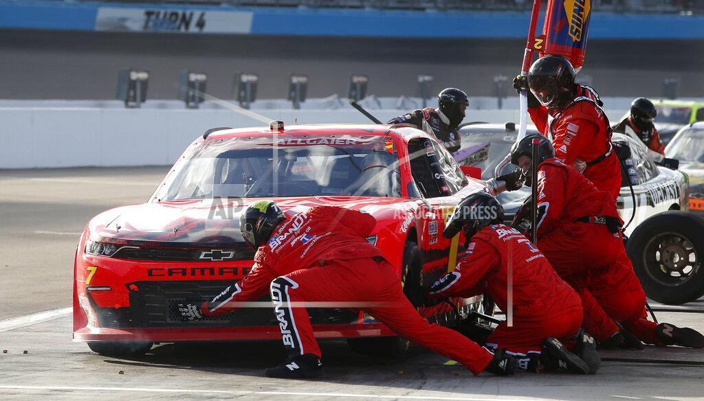 Ralph Freso Justin Allgaier (7) makes a pit stop for tires and fuel during the NASCAR Xfinity Series auto race at Phoenix Raceway, Saturday, Nov. 7, 2020, in Avondale, Ariz. (AP Photo/Ralph Freso)