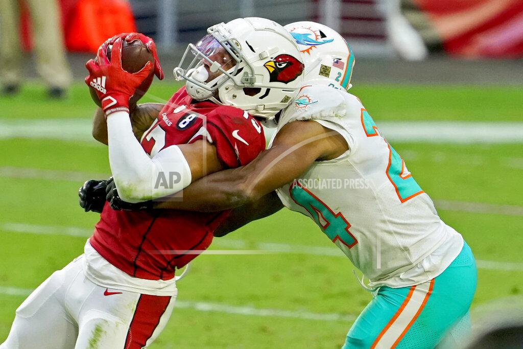 Rick Scuteri Arizona Cardinals wide receiver Christian Kirk pulls in a catch as Miami Dolphins cornerback Byron Jones, right, defends during the second half of an NFL football game, Sunday, Nov. 8, 2020, in Glendale, Ariz. (AP Photo/Rick Scuteri)